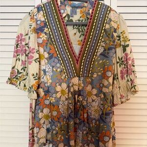 Floral V-Neck Blouse with Embroidered Trim